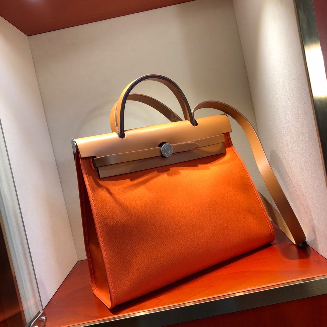 爱马仕包包 herbag 31cm barenia 93 orange 橙色 银扣 顶级工艺帆布