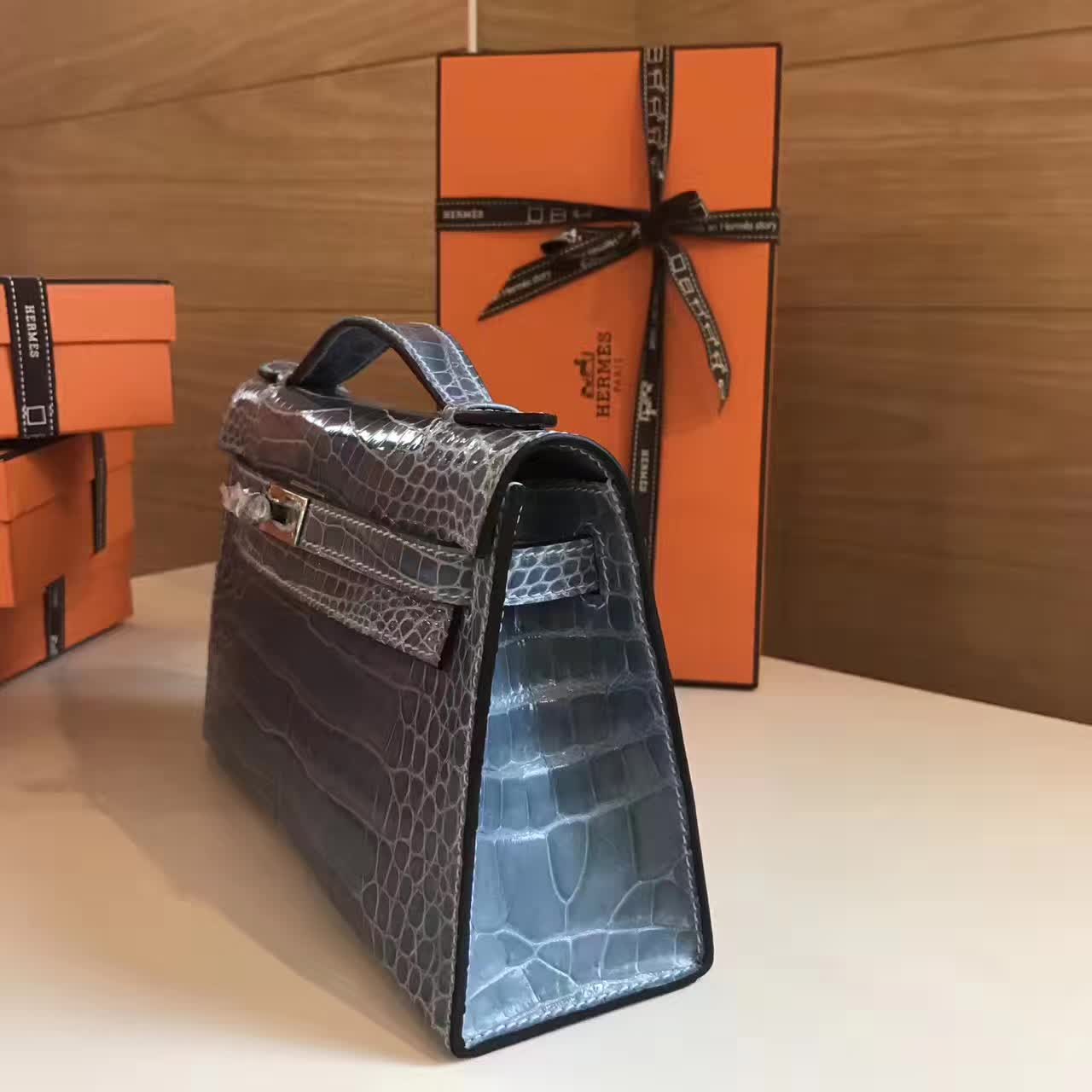 爱马仕 MiniKelly 鳄鱼皮亮面 银扣