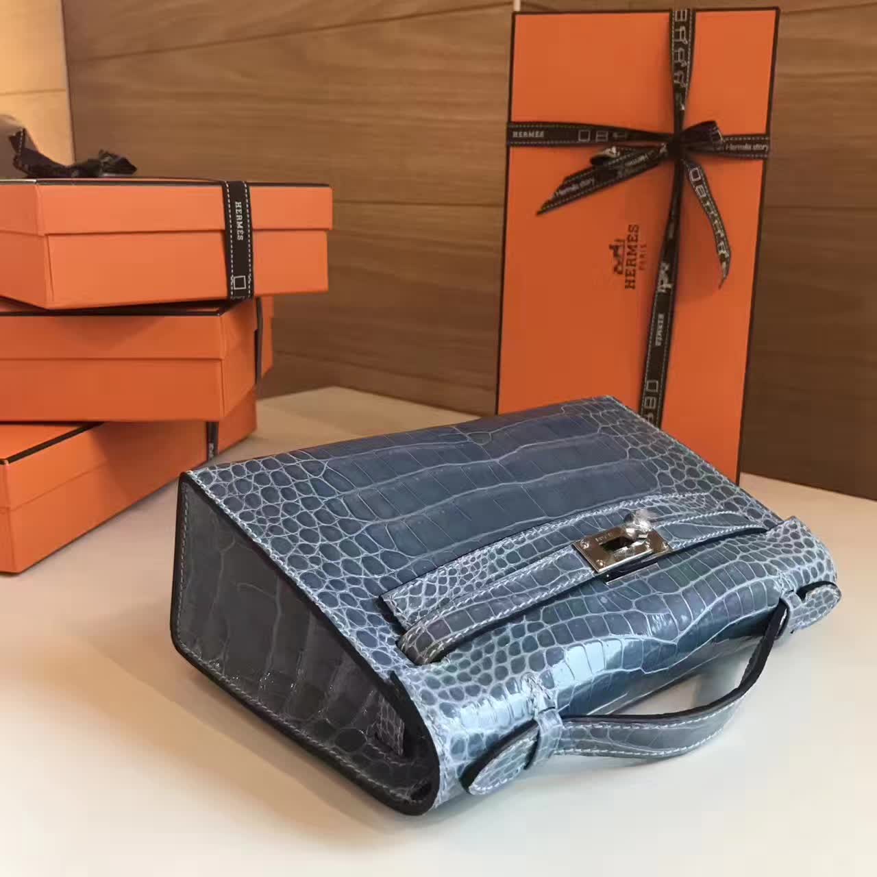 爱马仕 MiniKelly 鳄鱼皮亮面 银扣