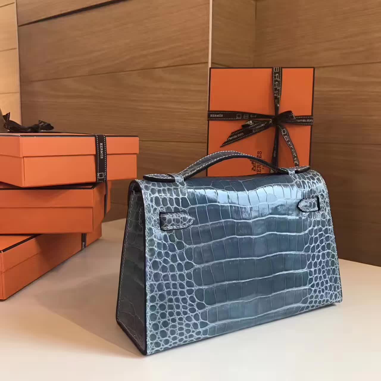 爱马仕 MiniKelly 鳄鱼皮亮面 银扣