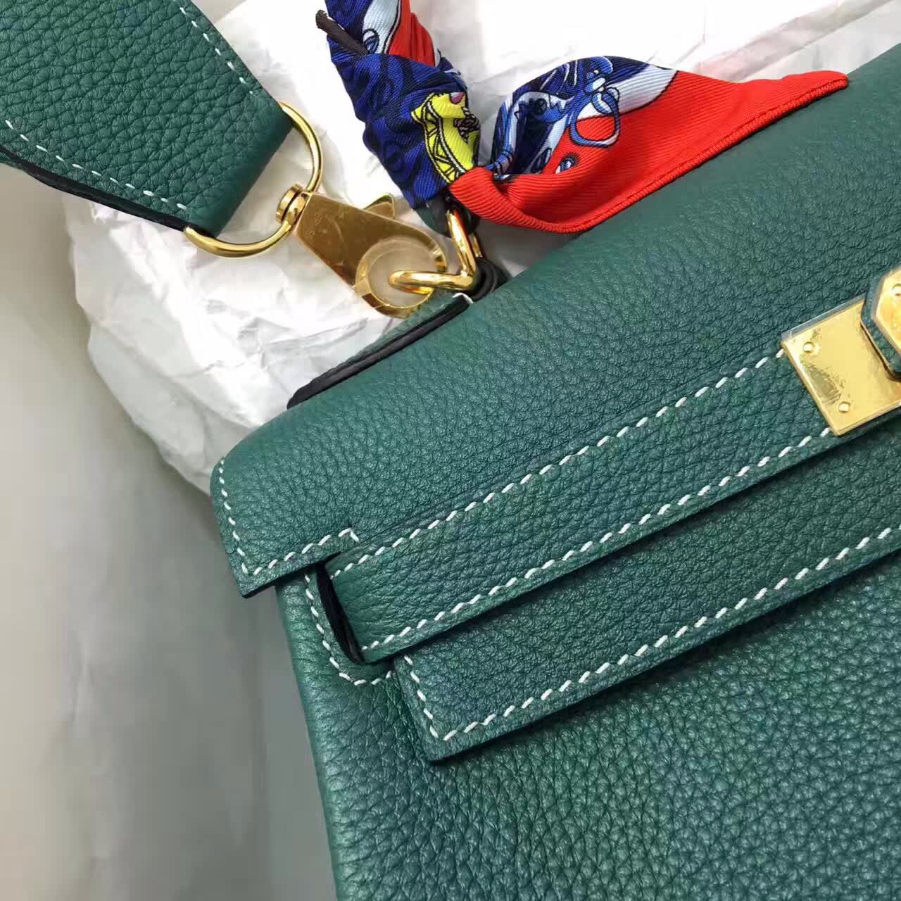 全球代发 爱马仕Kelly凯丽包28cm Clemence 法国原产Tc皮 Z6 Malachite 孔雀绿白线 金扣