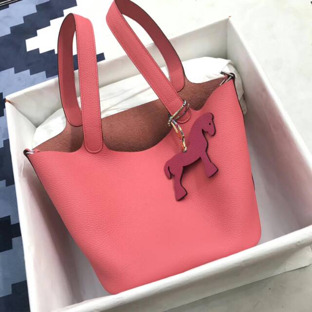 爱马仕菜篮子 Picotin Lock 22cm 8W Rose Azalee 唇膏粉 蜡线手工缝制