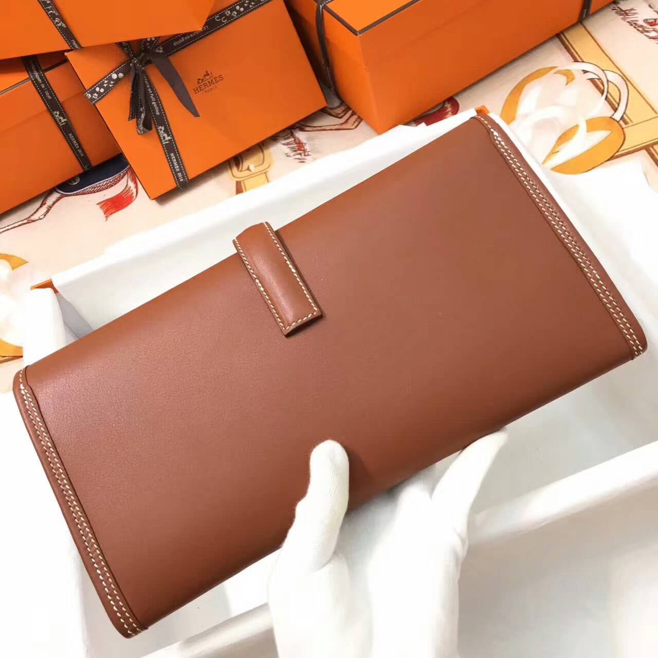爱马仕钱包 Jige Elan 29cm Swift 法国原产小牛皮 37 Gold 金棕