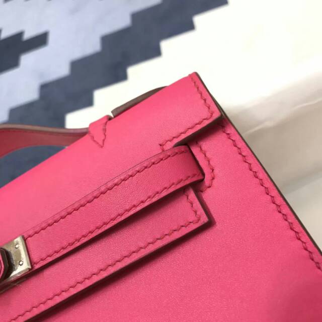 爱马仕包包 stock 22kelly pochette swift皮 E5 Rose Tyrien 玫红 银扣 进口法国蜡线手工缝制