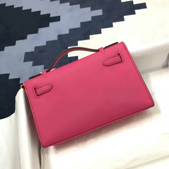 爱马仕包包 stock 22kelly pochette swift皮 E5 Rose Tyrien 玫红 银扣 进口法国蜡线手工缝制