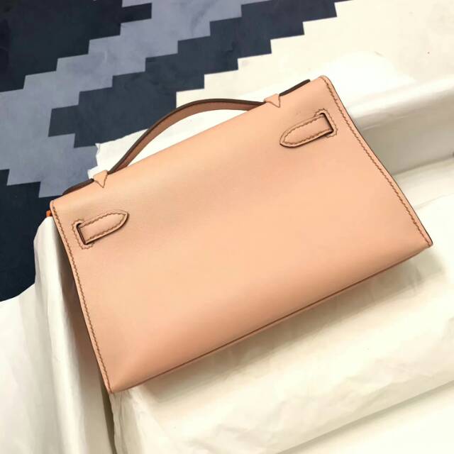 爱马仕包包 stock 22kelly pochette swift皮 裸粉 银扣 进口法国蜡线手工缝制