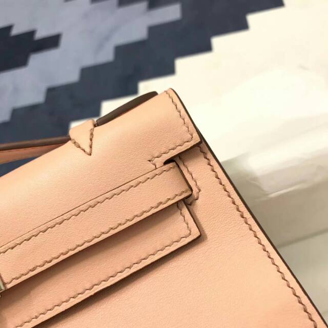 爱马仕包包 stock 22kelly pochette swift皮 裸粉 银扣 进口法国蜡线手工缝制