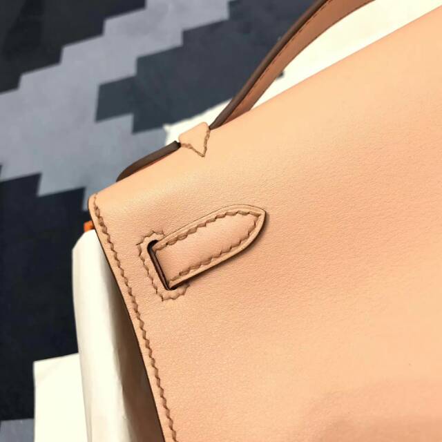 爱马仕包包 stock 22kelly pochette swift皮 裸粉 银扣 进口法国蜡线手工缝制