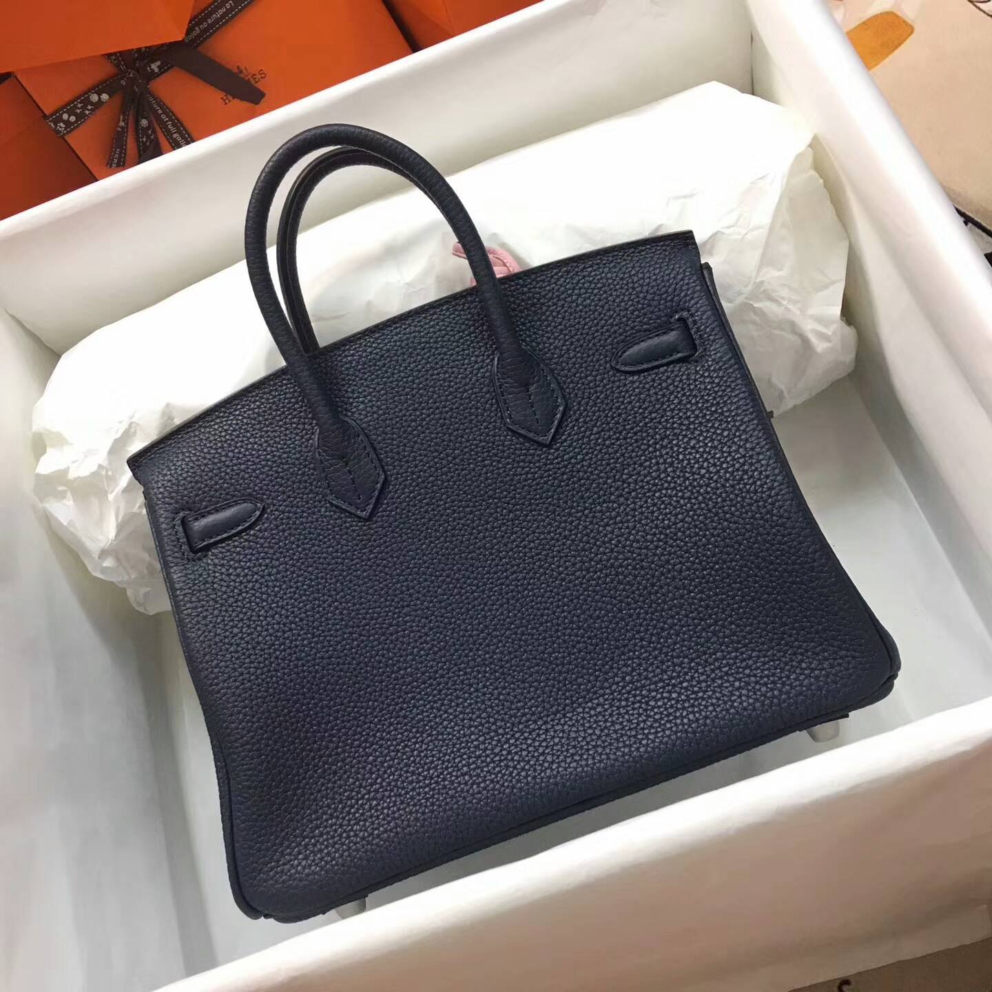 爱马仕包包 铂金包Birkin 25cm Clemence 法国原产Tc皮 N7 Blue 风暴蓝 银扣