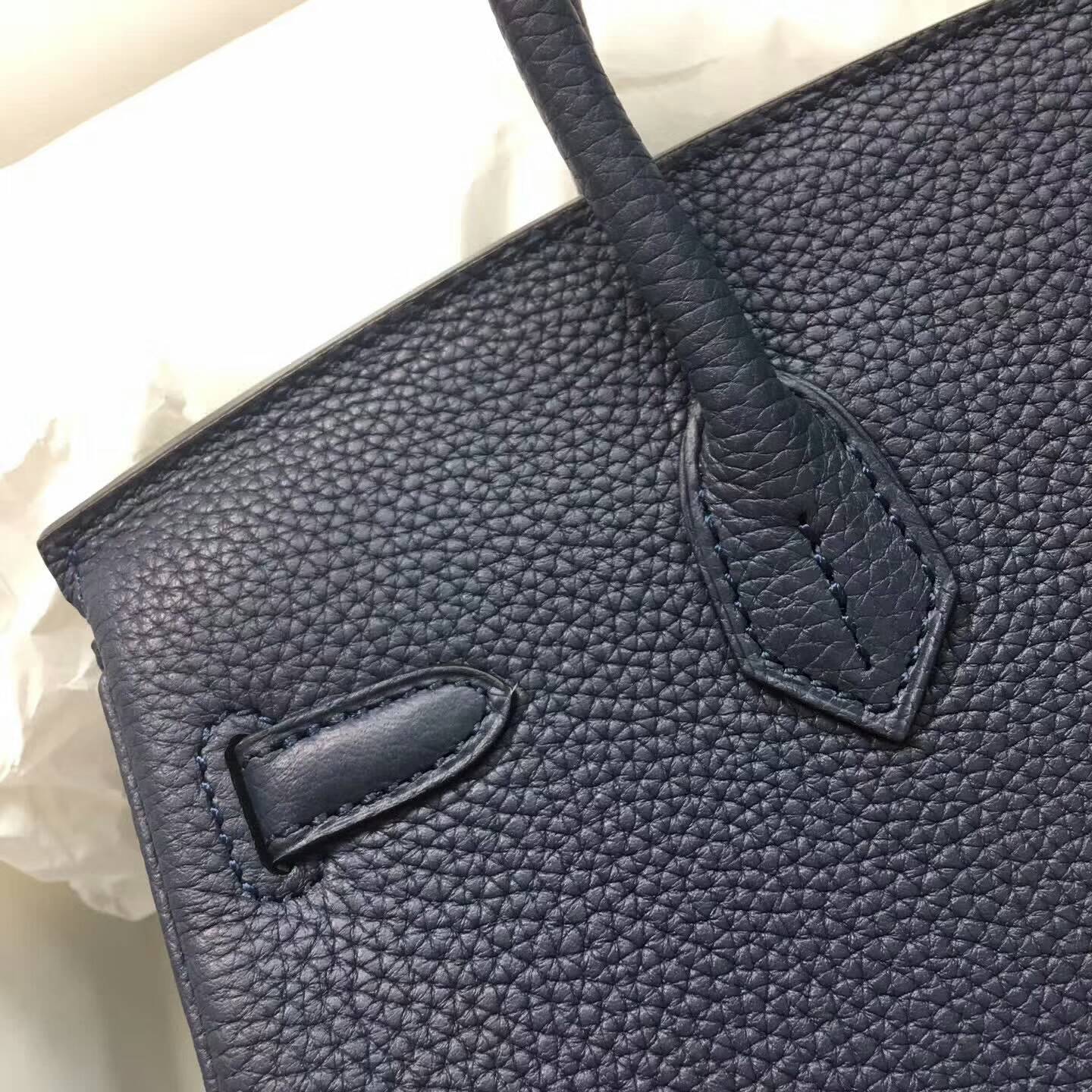 爱马仕包包 铂金包Birkin 25cm Clemence 法国原产Tc皮 N7 Blue 风暴蓝 银扣
