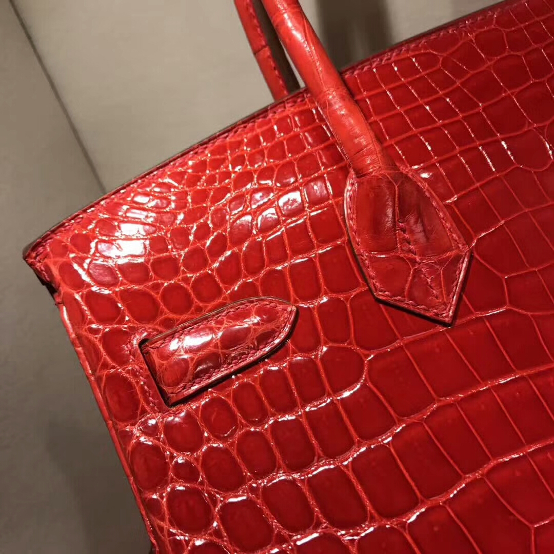 爱马仕铂金包 Birkin30cm Shiny Niloticus 亮面尼罗两点 95 Braise 法拉利红 金扣 顶级工艺 纯缝蜡线
