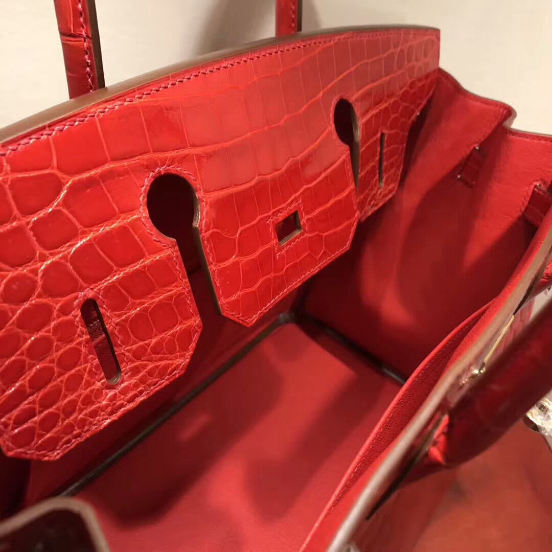 爱马仕铂金包 Birkin30cm Shiny Niloticus 亮面尼罗两点 95 Braise 法拉利红 金扣 顶级工艺 纯缝蜡线