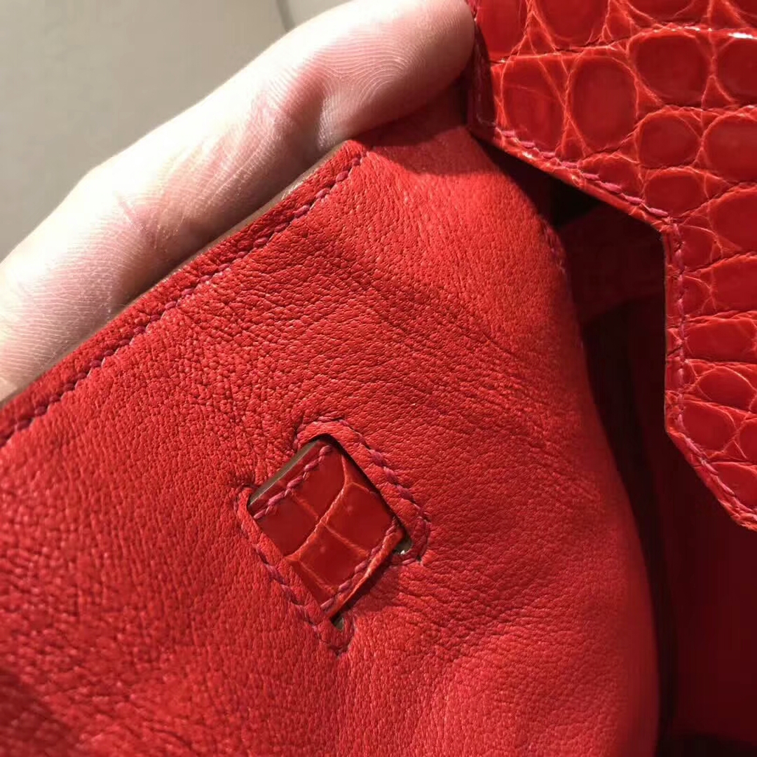 爱马仕铂金包 Birkin30cm Shiny Niloticus 亮面尼罗两点 95 Braise 法拉利红 金扣 顶级工艺 纯缝蜡线