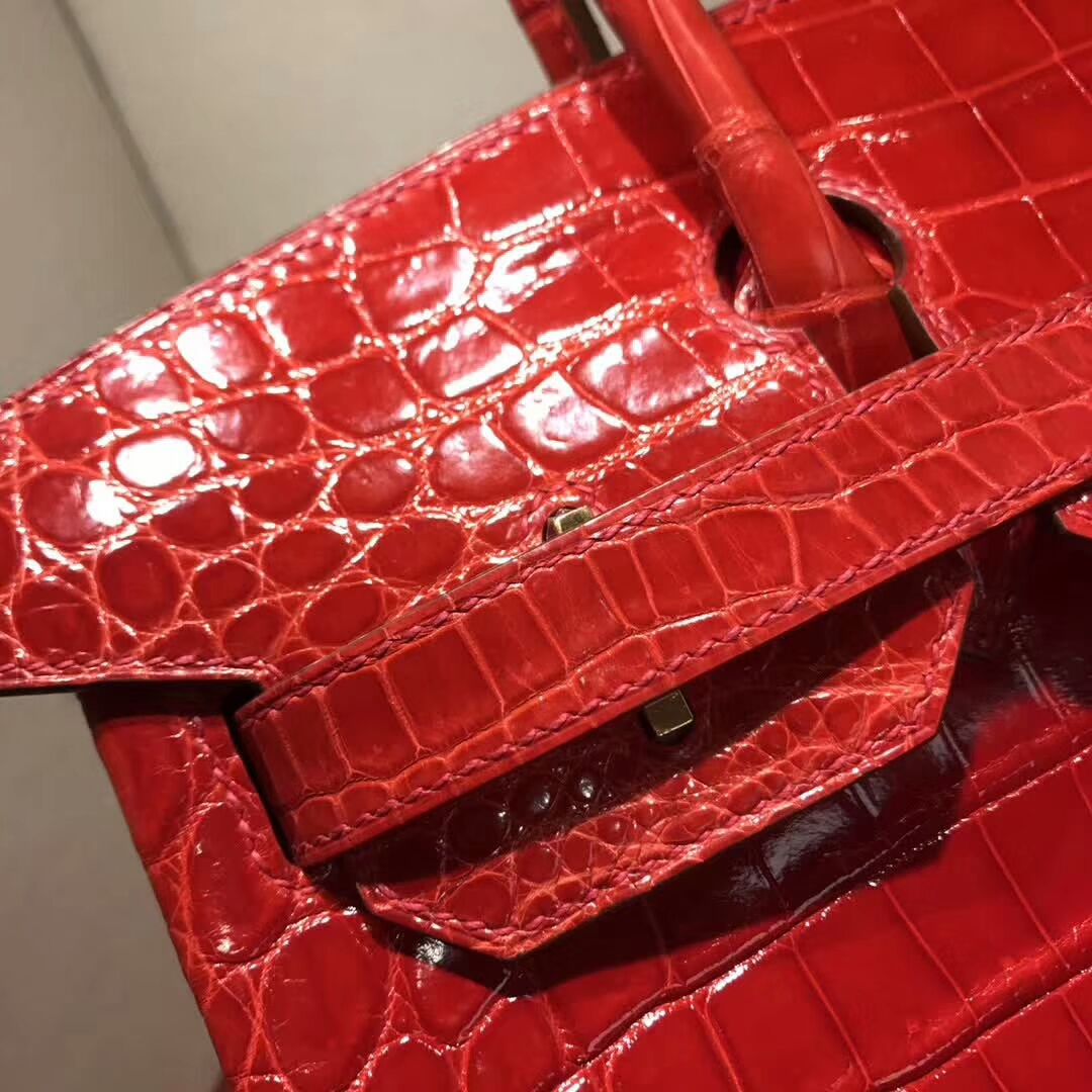 爱马仕铂金包 Birkin30cm Shiny Niloticus 亮面尼罗两点 95 Braise 法拉利红 金扣 顶级工艺 纯缝蜡线