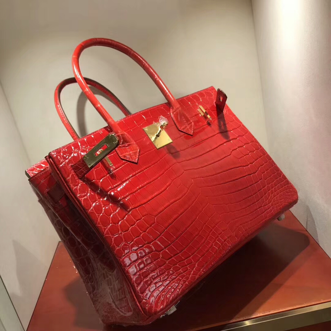 爱马仕铂金包 Birkin30cm Shiny Niloticus 亮面尼罗两点 95 Braise 法拉利红 金扣 顶级工艺 纯缝蜡线