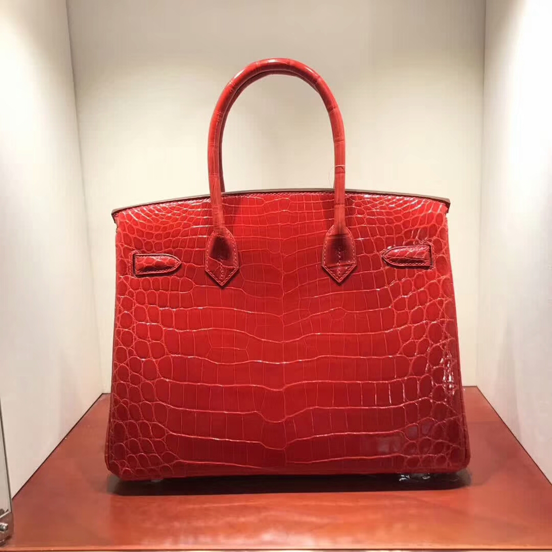 爱马仕铂金包 Birkin30cm Shiny Niloticus 亮面尼罗两点 95 Braise 法拉利红 金扣 顶级工艺 纯缝蜡线