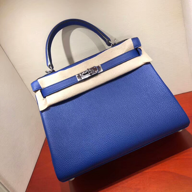 爱马仕包包 Kelly 28cm Togo 7T Blue Htdra 电光蓝 银扣 手缝蜜蜡线