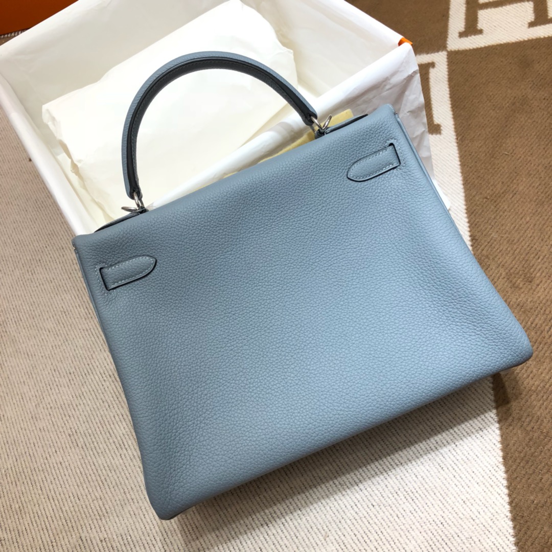 Hermes爱马仕 Kelly 32cm Togo J7 Blue Lin 亚麻蓝 银扣 顶级工艺手缝蜡线