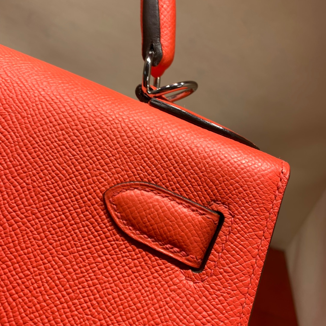 爱马仕凯莉包 Kelly28cm Epsom T5西瓜红 金-银扣 蜜蜡线手缝