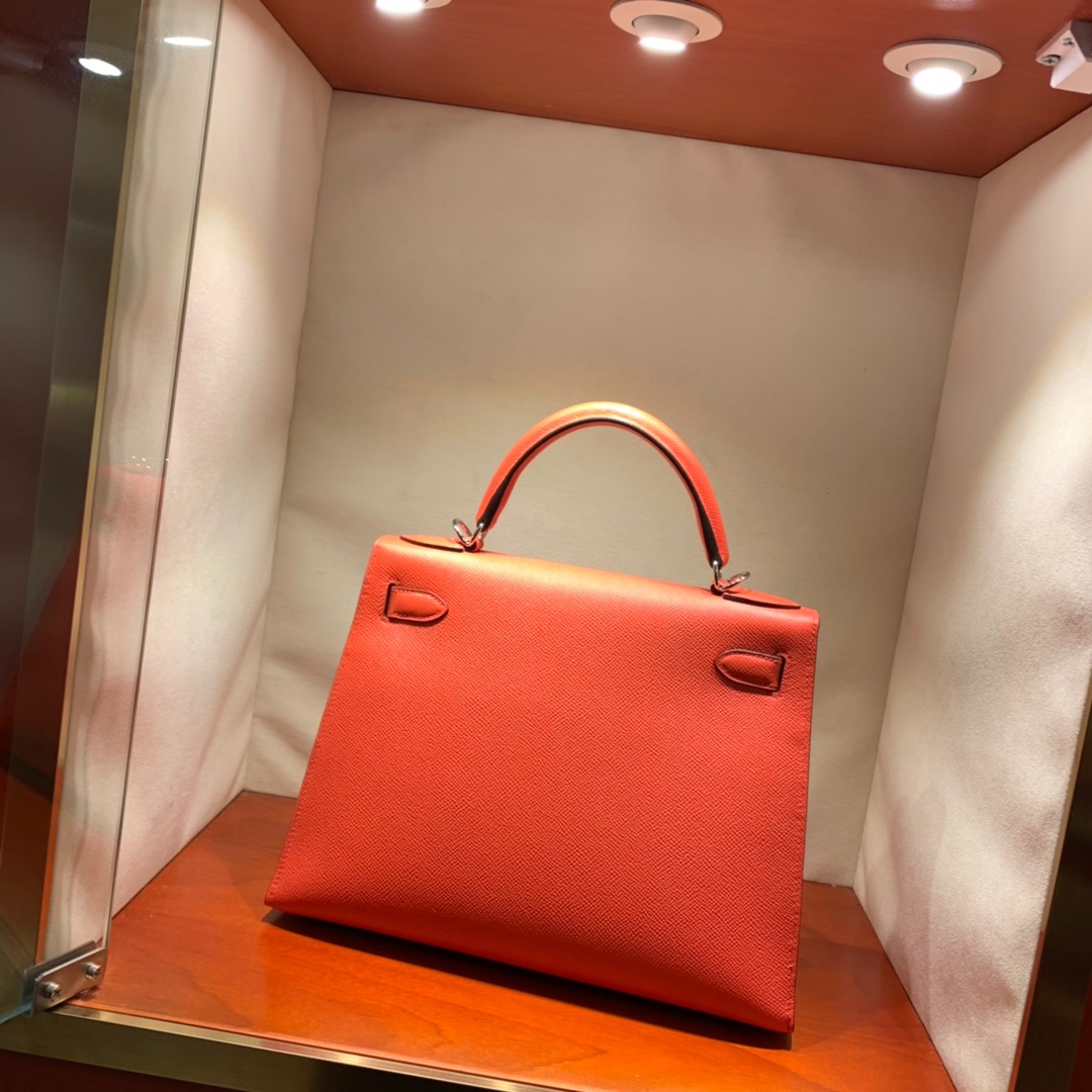 爱马仕凯莉包 Kelly28cm Epsom T5西瓜红 金-银扣 蜜蜡线手缝
