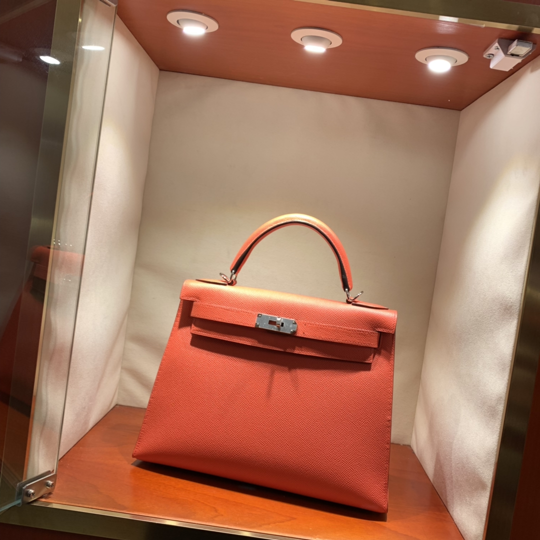 爱马仕凯莉包 Kelly28cm Epsom T5西瓜红 金-银扣 蜜蜡线手缝