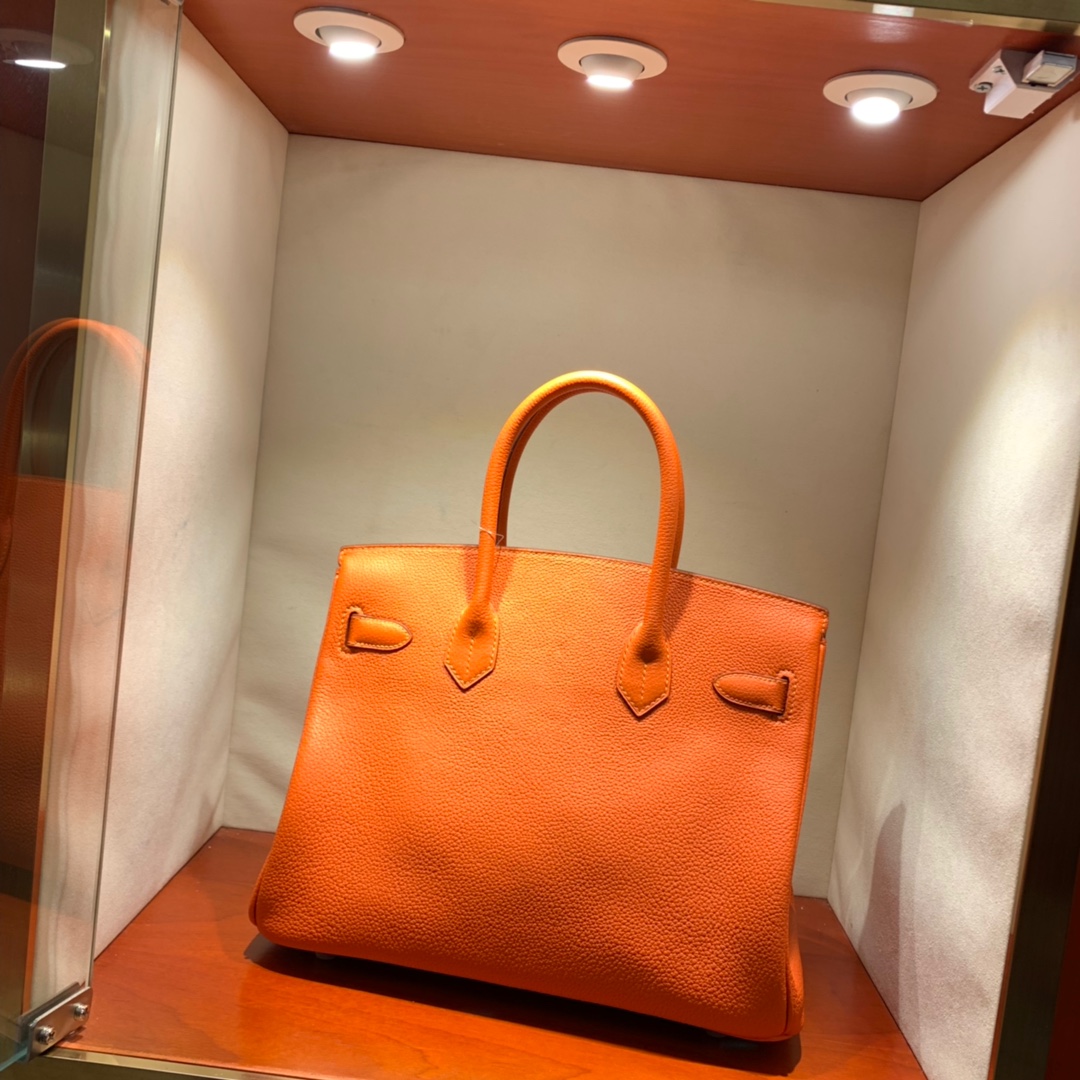 爱马仕铂金包 Birkin 30cm Togo 9J火焰橙 银扣 蜜蜡全手缝