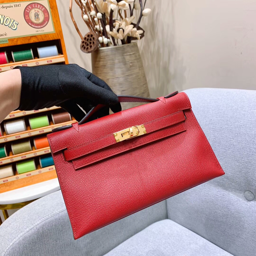 爱马仕包包 Mini Kelly Epsom K1石榴红 金扣 蜜蜡线手缝