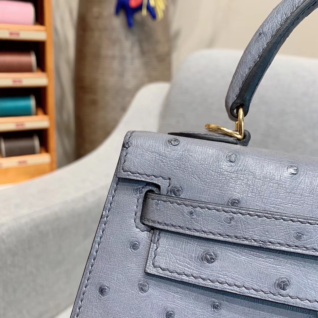 爱马仕包包 Kelly 25cm Ostrich 82玛瑙灰 金扣