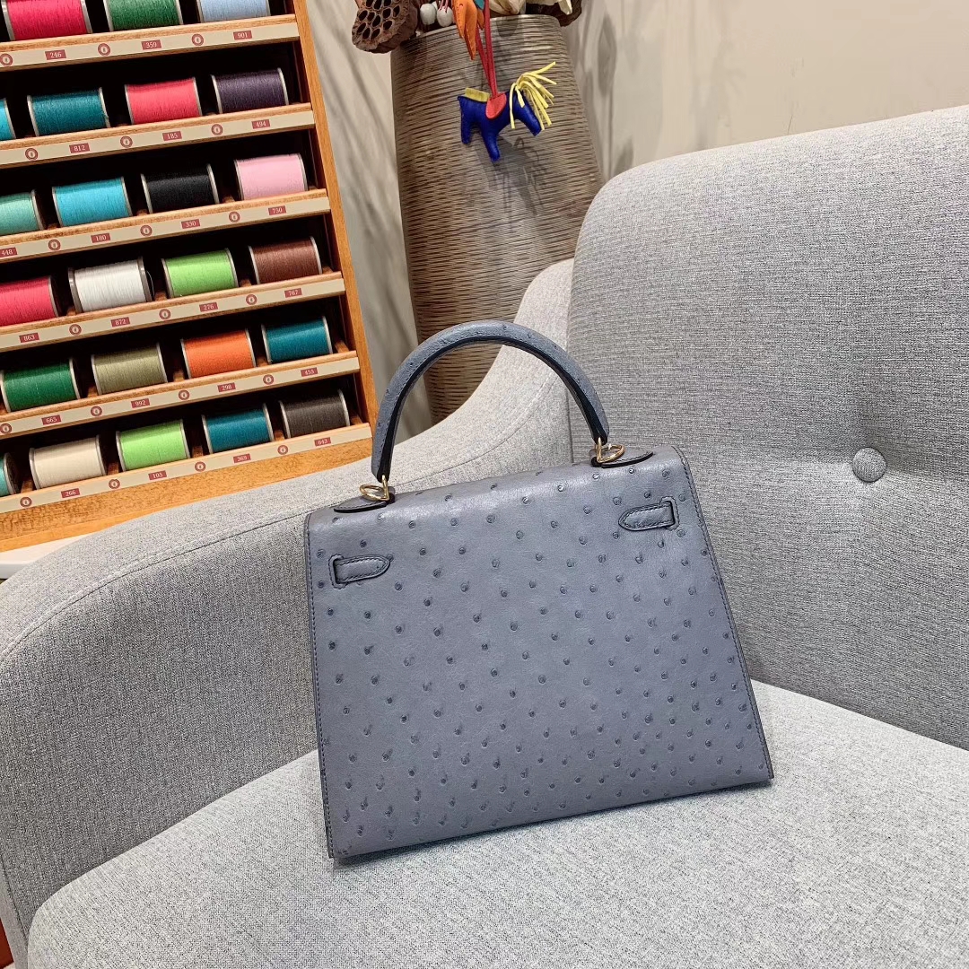 爱马仕包包 Kelly 25cm Ostrich 82玛瑙灰 金扣