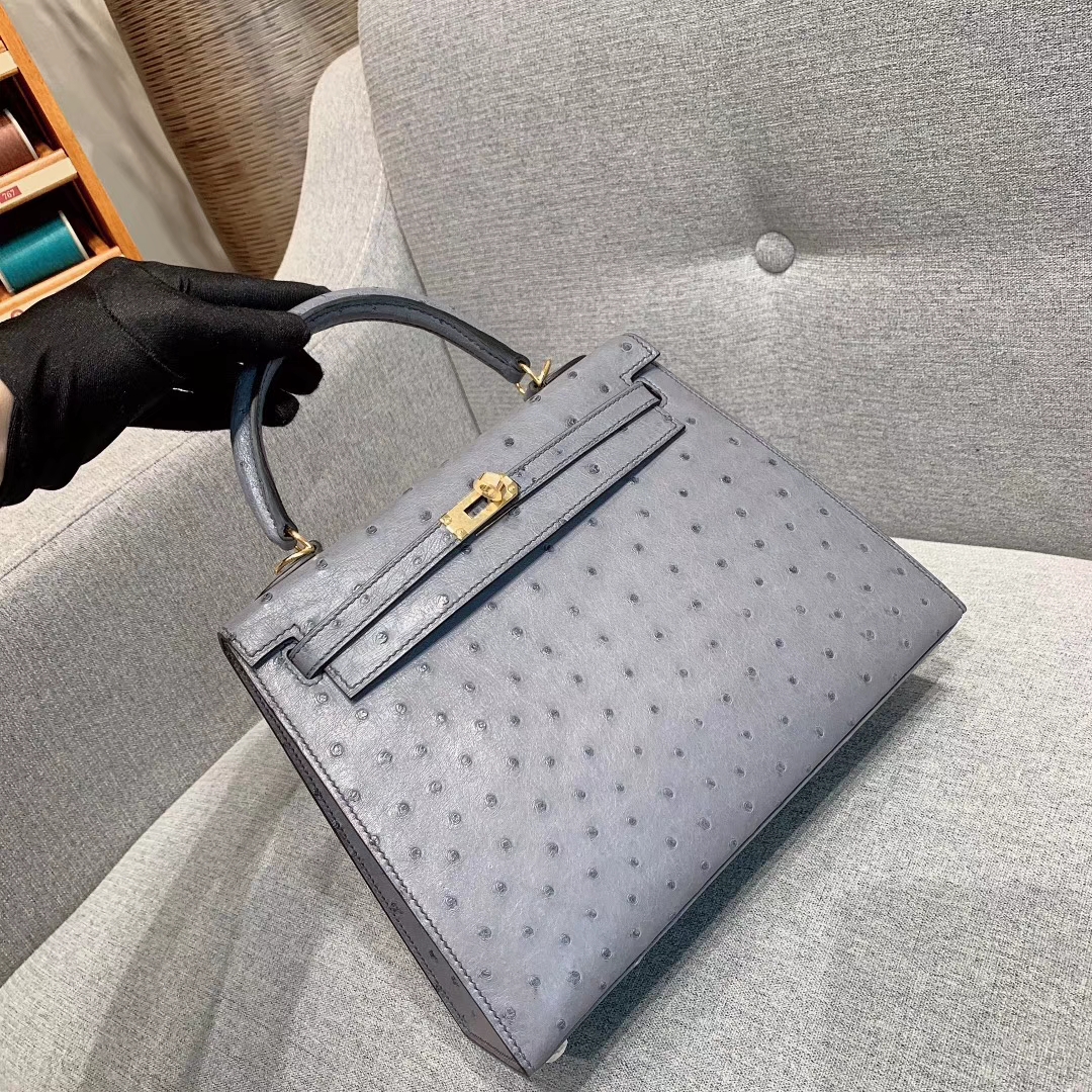 爱马仕包包 Kelly 25cm Ostrich 82玛瑙灰 金扣