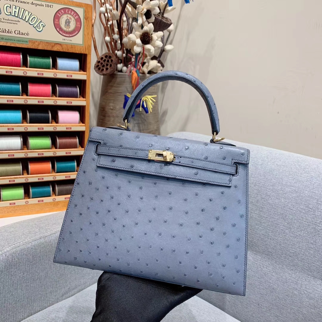 爱马仕包包 Kelly 25cm Ostrich 82玛瑙灰 金扣