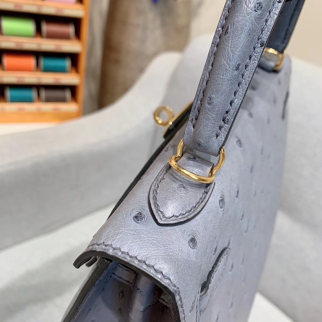 爱马仕包包 Kelly 25cm Ostrich 82玛瑙灰 金扣