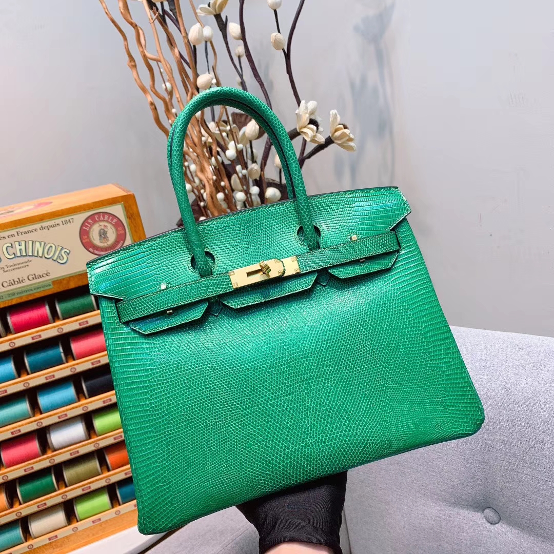 爱马仕包包 Birkin 30cm Lizard东南亚原产蜥蜴 U4丝绒绿 金扣 蜜蜡线全手缝
