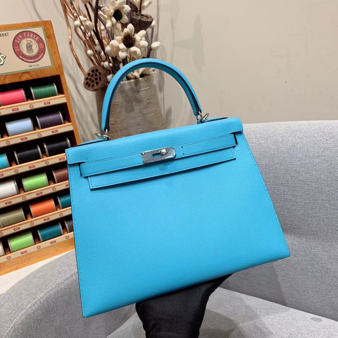 爱马仕厂家 Kelly 28cm Epsom P3北方蓝 银扣