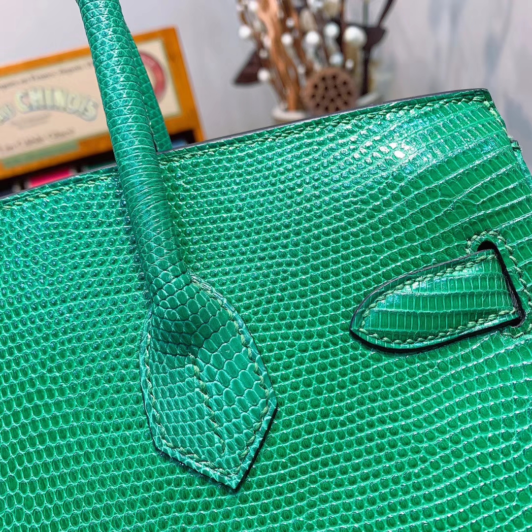 爱马仕包包 Birkin 30cm Lizard东南亚原产蜥蜴 U4丝绒绿 金扣 蜜蜡线全手缝