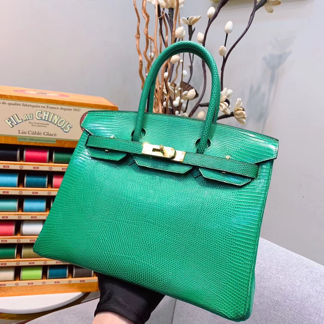 爱马仕包包 Birkin 30cm Lizard东南亚原产蜥蜴 U4丝绒绿 金扣 蜜蜡线全手缝