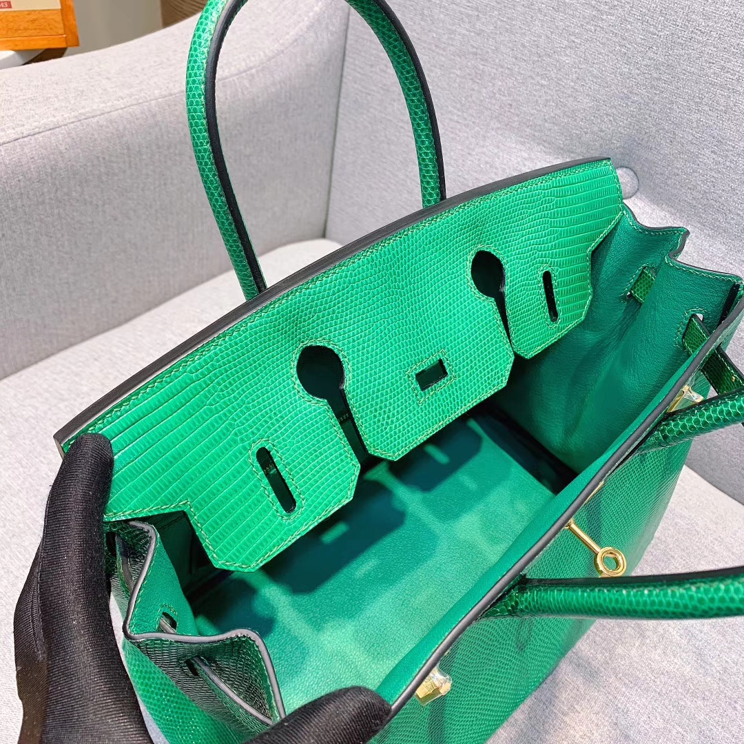 爱马仕包包 Birkin 30cm Lizard东南亚原产蜥蜴 U4丝绒绿 金扣 蜜蜡线全手缝