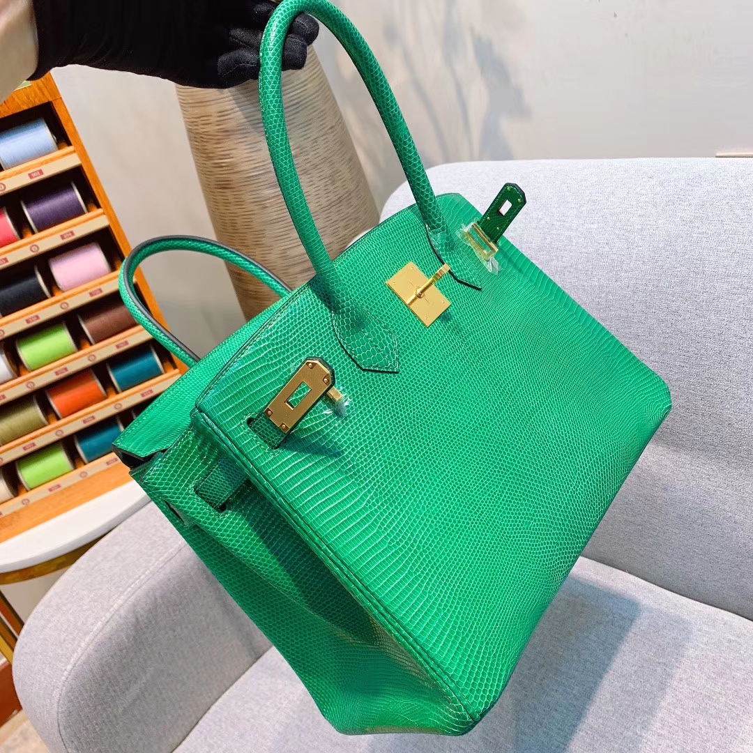 爱马仕包包 Birkin 30cm Lizard东南亚原产蜥蜴 U4丝绒绿 金扣 蜜蜡线全手缝