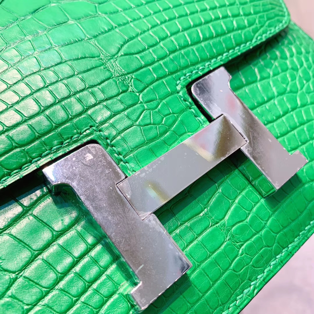 爱马仕包包 Constance 19cm Alligator 雾面方块美洲鳄 1L仙人掌绿 银扣 蜜蜡线全手缝