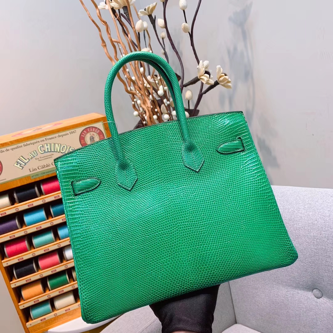 爱马仕包包 Birkin 30cm Lizard东南亚原产蜥蜴 U4丝绒绿 金扣 蜜蜡线全手缝