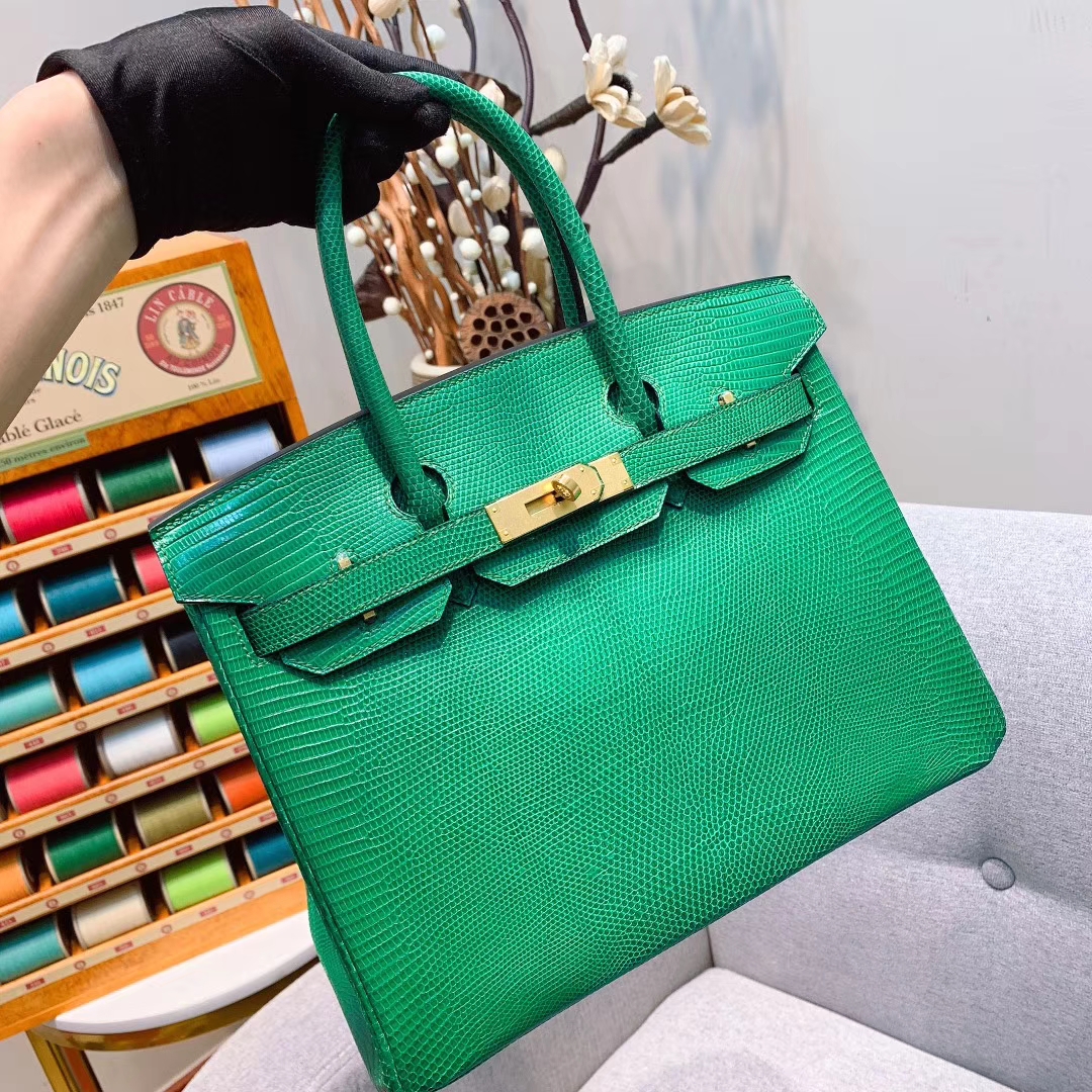 爱马仕包包 Birkin 30cm Lizard东南亚原产蜥蜴 U4丝绒绿 金扣 蜜蜡线全手缝