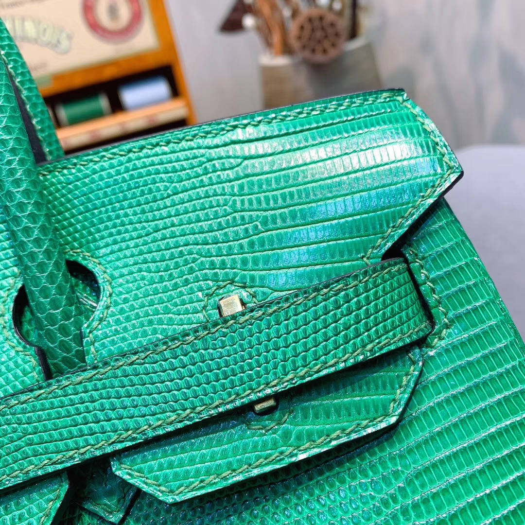 爱马仕包包 Birkin 30cm Lizard东南亚原产蜥蜴 U4丝绒绿 金扣 蜜蜡线全手缝