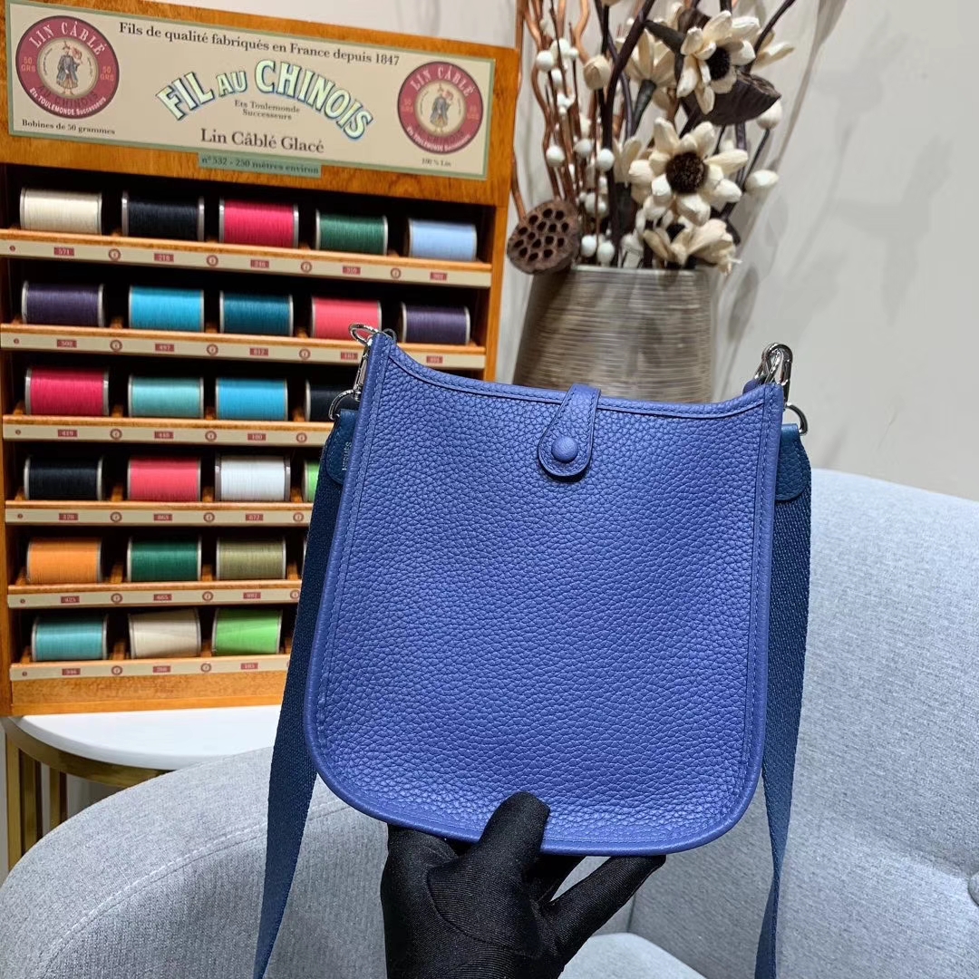 Hermes 17mini Evelyn伊芙琳 法国进口TC皮 玛瑙蓝 银扣 蜡线手缝