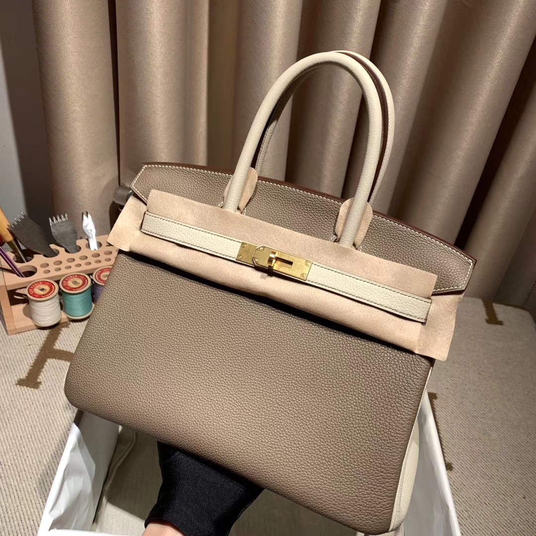Hermes铂金包 Birkin 30cm Togo 18大象灰拼10奶昔白 磨砂 金扣