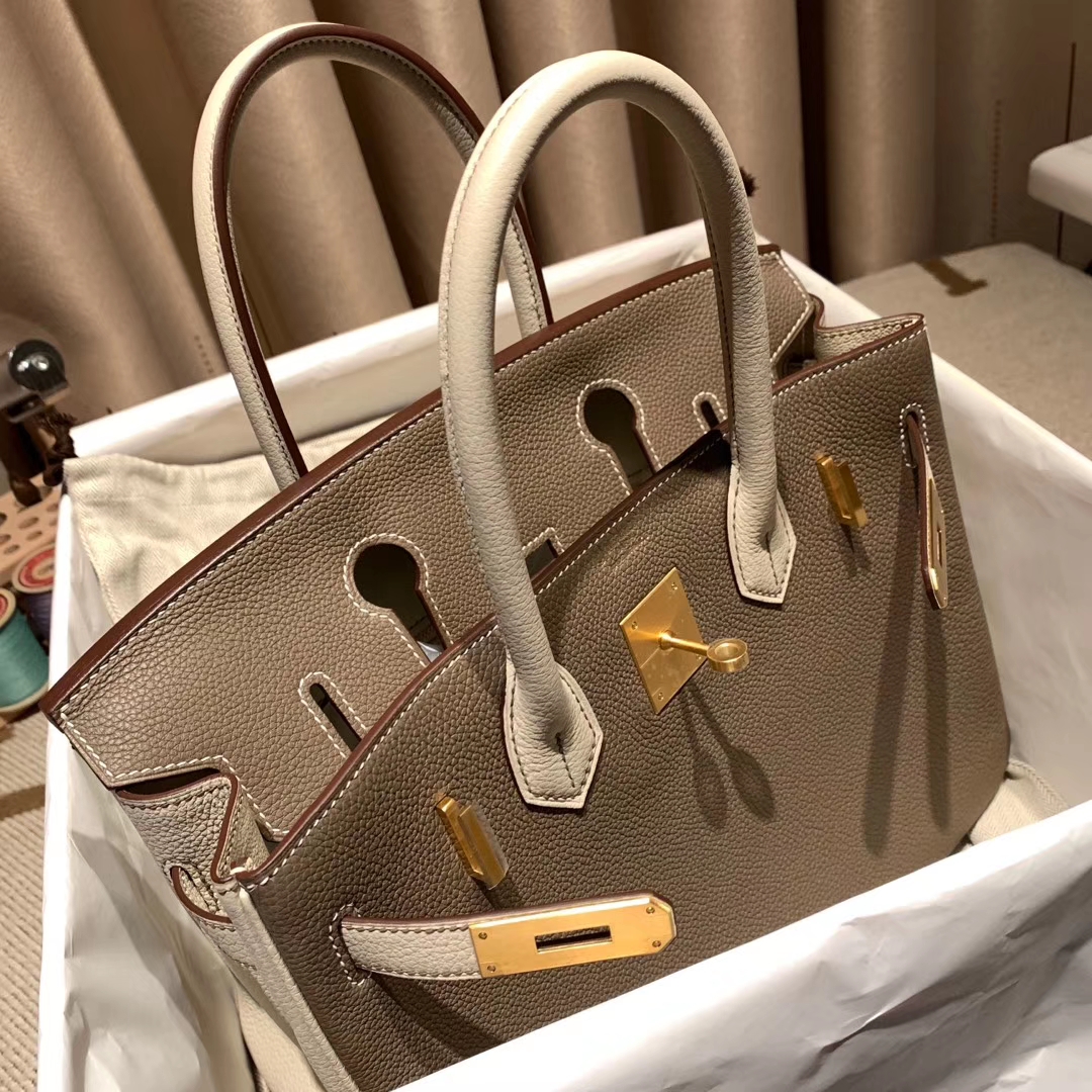 Hermes铂金包 Birkin 30cm Togo 18大象灰拼10奶昔白 磨砂 金扣