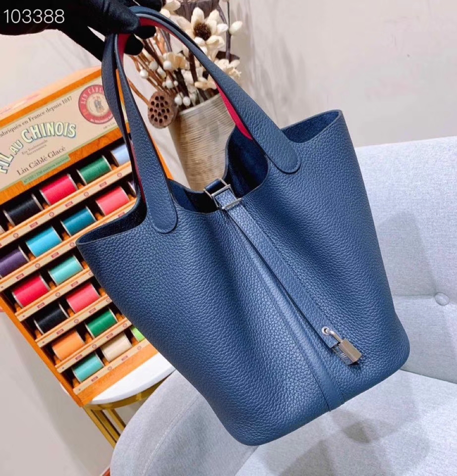 爱马仕菜篮子 Picotin Lock 22cm H入门款 午夜蓝内拼大红 银扣 蜡线手缝