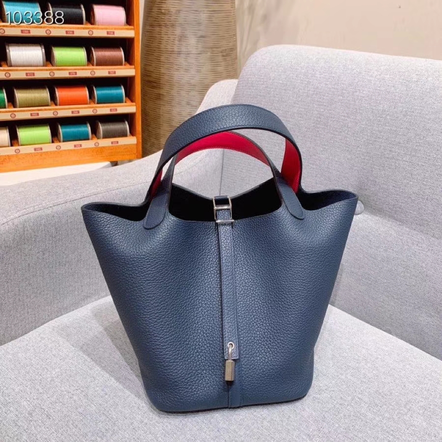 爱马仕菜篮子 Picotin Lock 22cm H入门款 午夜蓝内拼大红 银扣 蜡线手缝