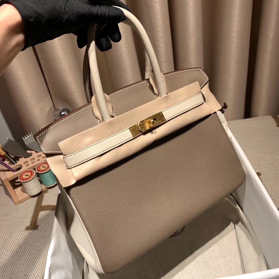 Hermes铂金包 Birkin 30cm Togo 18大象灰拼10奶昔白 磨砂 金扣