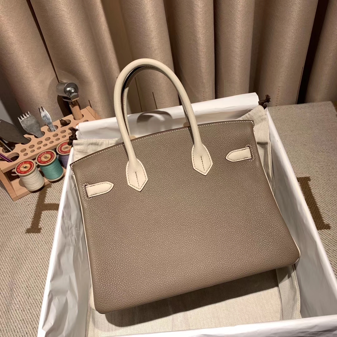 Hermes铂金包 Birkin 30cm Togo 18大象灰拼10奶昔白 磨砂 金扣