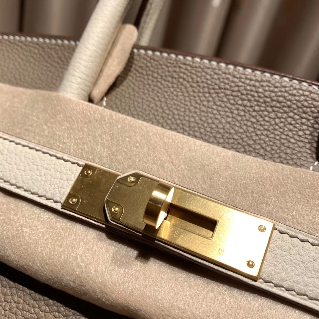Hermes铂金包 Birkin 30cm Togo 18大象灰拼10奶昔白 磨砂 金扣